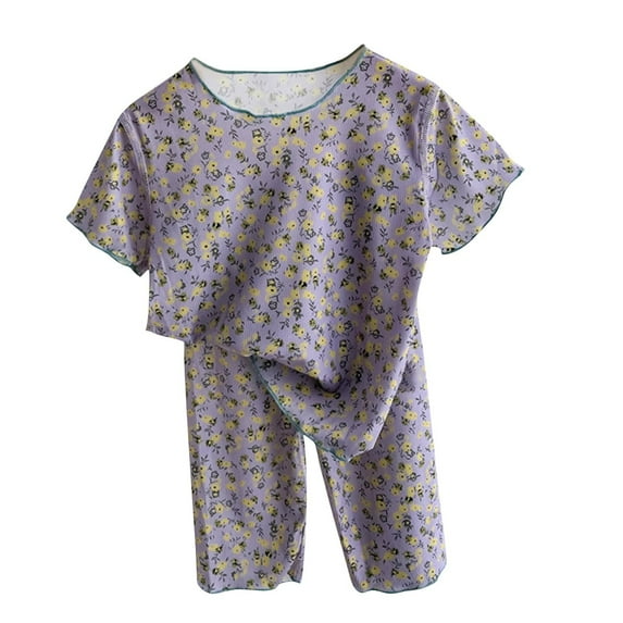 Odeerbi 1-12 Years Toddler Girls Ice Silk Pajamas Summer Short Sleeve Tops Capris Set Loungewear Floral Sleepwear Two-piece Pajama Sets Toddler Girls Clothes