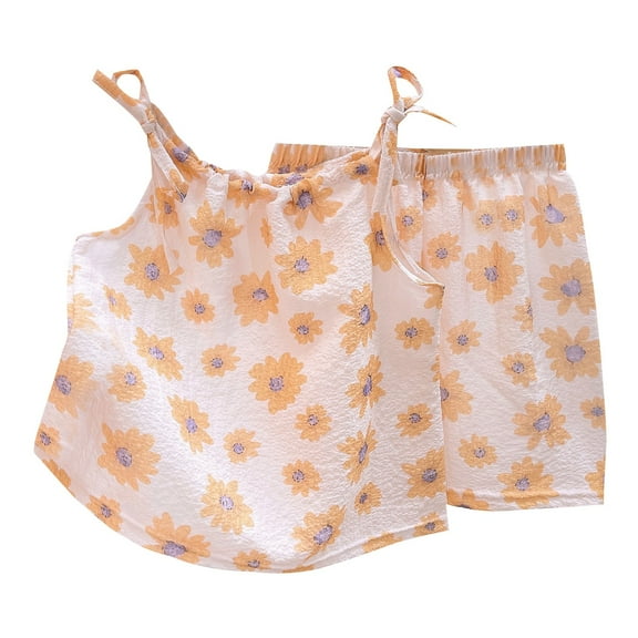 Odeerbi 1-12 Years Toddler Girls Summer Outfits Floral Cotton Camisole Tops Shorts Two-piece Set Casual Home Conditioned Pajamas Toddler Girls Clothes