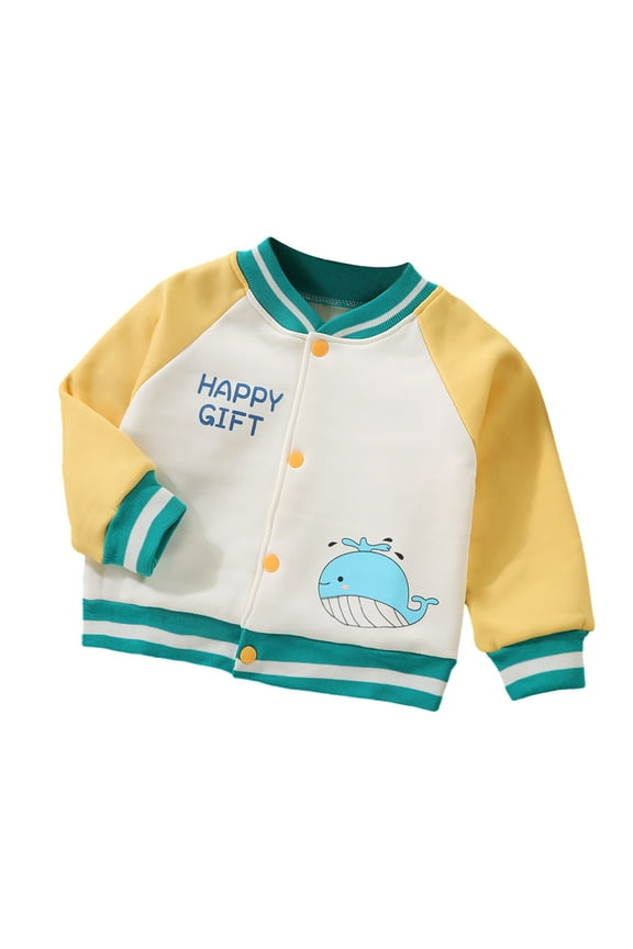 1-12Y Kids Boys Cotton Baseball Jacket Cute Fish Graphic Baseball Uniform Jacket Children's Zipper Sweater Cardigan Jacket Yellow