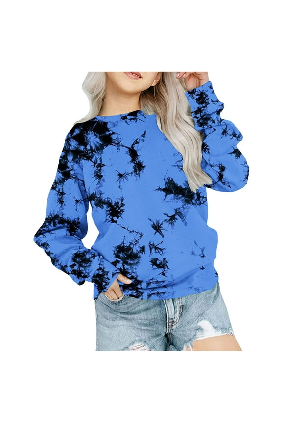 1-12Y Kids Girls Tie-dye Sweatshirt Oversized Crewneck Sweatshirt Fashion Long Sleeve Pullover Tops Baby Clothes Blue