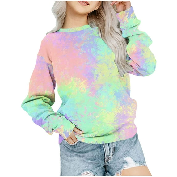 Odeerbi 1-12Y Kids Girls Tie-dye Sweatshirt Oversized Crewneck Sweatshirt Fashion Long Sleeve Pullover Tops Baby Clothes Green