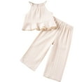 thumbnail image 1 of Odeerbi 1-13 Years Kids Girls Summer Outfits Cotton Ruffle Halter Tops Wide Leg Pants Two-piece Set Wave Stripe Tank Top Loose Pants Set Kids Girls Clothes, 1 of 6