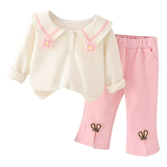 Odeerbi 1-5 Years Kids Girls Cotton Outfits Button Down Collar Long Sleeve Tops Wide Leg Pants Two-piece Set Casual Flower Collar Shirt Bow Tie Loungewear Kids Girls Clothes
