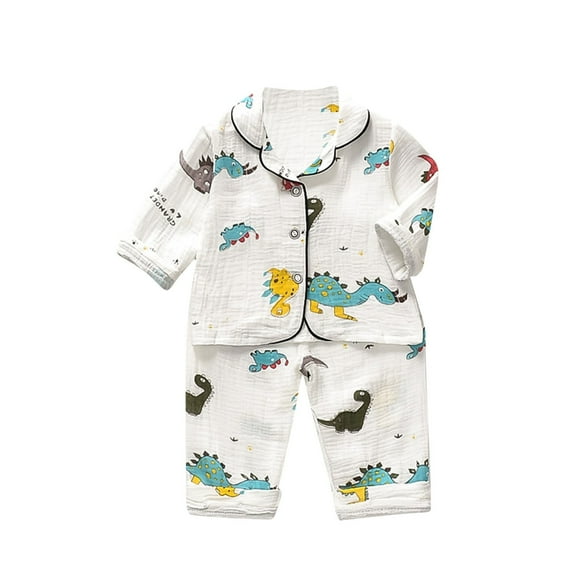 Odeerbi 1-5 Years Toddler Boys Girls Cotton Pajamas Notched Lapel Long Sleeve Shirt Pants Set Soft Loungewear Dinosaur Print Sleepwear Two-piece Pajama Set Toddler Boys Girls Clothes