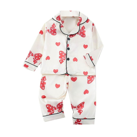 Odeerbi 1-5 Years Toddler Boys Girls Satin Pajamas Notched Lapel Long Sleeve Shirt Pants Set Soft Loungewear Cute Print Sleepwear Silk Two-piece Pajama Sets Toddler Boys Girls Clothes