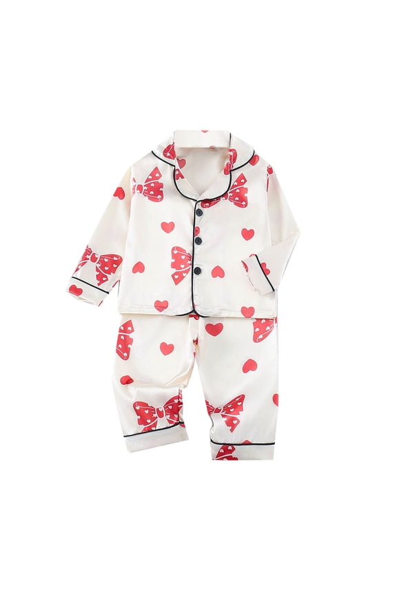1-5 Years Toddler Boys Girls Satin Pajamas Notched Lapel Long Sleeve Shirt Pants Set Soft Loungewear Cute Print Sleepwear Silk Two-piece Pajama Sets Toddler Boys Girls Clothes