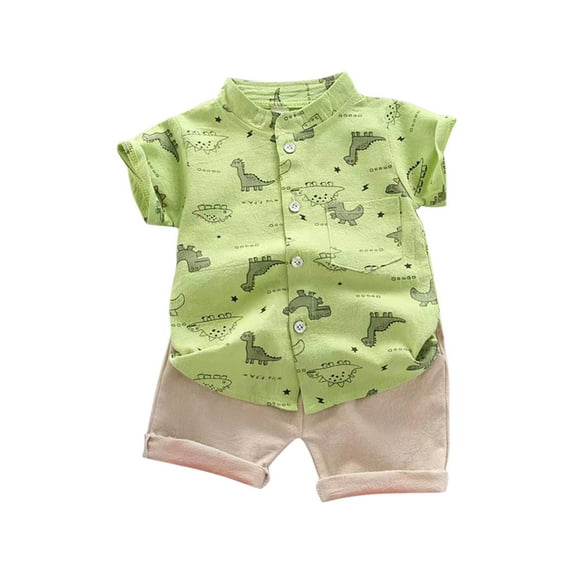 Odeerbi 1-5 Years Toddler Boys Summer Outfits Dinosaur Cotton Short Sleeve Shirt Shorts Set Fashion Stand Up Collar Print Shirt Elastic Waist Shorts Two-piece Set Toddler Boys Clothes
