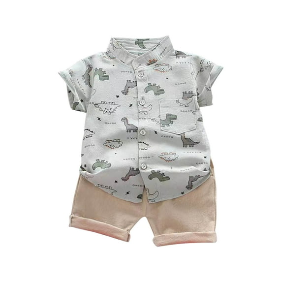 Odeerbi 1-5 Years Toddler Boys Summer Outfits Dinosaur Cotton Short Sleeve Shirt Shorts Set Fashion Stand Up Collar Print Shirt Elastic Waist Shorts Two-piece Set Toddler Boys Clothes
