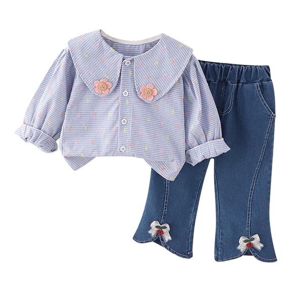 Odeerbi 1-5 Years Toddler Girls Cotton Outfits Peter Pan Collar Long Sleeve Shirt Jeans Two-piece Set Casual Flower Collar Shirt Bow Tie Denim Pants Loungewear Toddler Girls Clothes