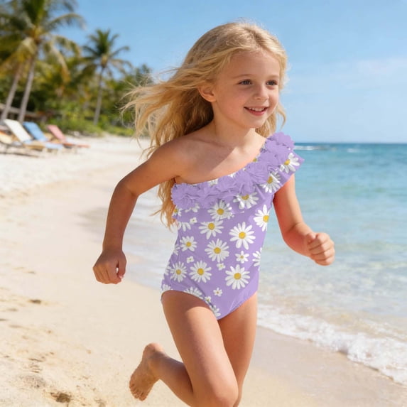 Odeerbi 1-5 Years Toddler Girls Hawaiian One-Piece Swimsuit One Shoulder Quick Dry Beach Swimwear Summer Ruffle Bathing Suit