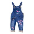 thumbnail image 1 of Odeerbi 1-5 Years Toddler Girls Summer Denim Love Print Bow Overalls Bib Overall Jeans Casual Sleeveless Denim Romper Jumpsuit, 1 of 3