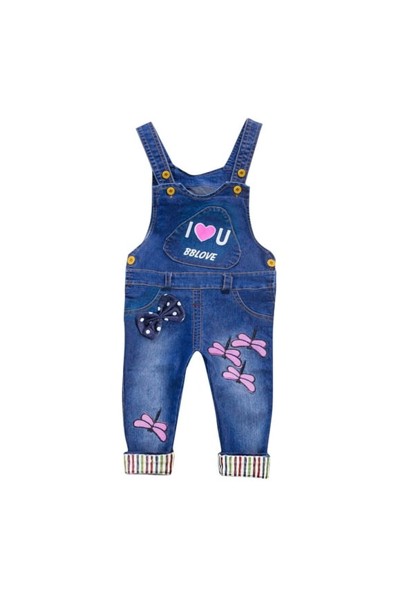 1-5 Years Toddler Girls Summer Denim Love Print Bow Overalls Bib Overall Jeans Casual Sleeveless Denim Romper Jumpsuit