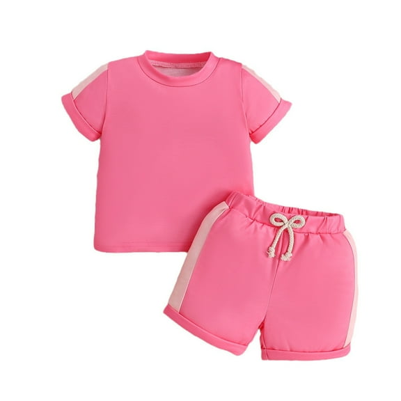 Odeerbi 1-5 Years Toddler Girls Summer Outfits Color Block Cotton Short Sleeve T-Shirt Shorts Two-piece Set Casual Loungewear Toddler Girls Clothes