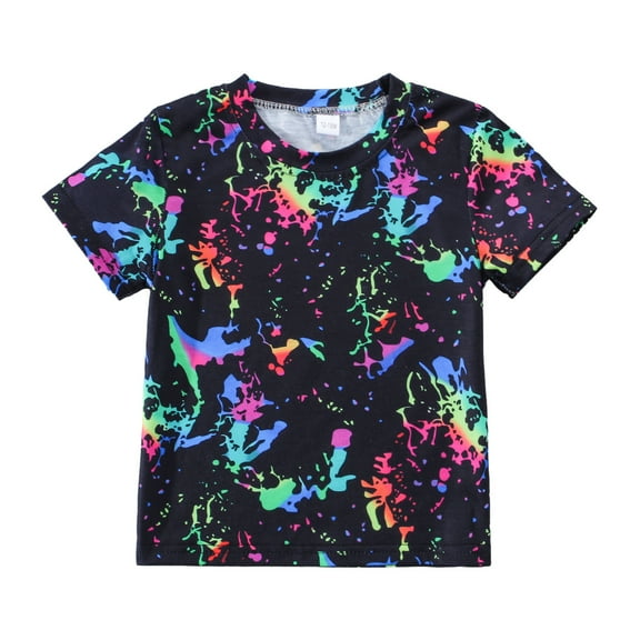Odeerbi 1-5Y Toddler Boys Girls Colorful Color Block Cotton T-Shirt Cute Printed Tops Solid Color Collision Abstract Fashion Creatives Digital Printing Personalized Shirts Black