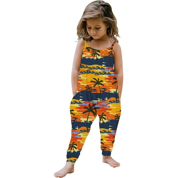Odeerbi 1-6 Years Kids Girls Summer Hawaiian Jumpsuit Beach Tropical Print Camisole Romper Casual Breathable Comfortable Overalls Strap Bib Overall Pants Playsuit