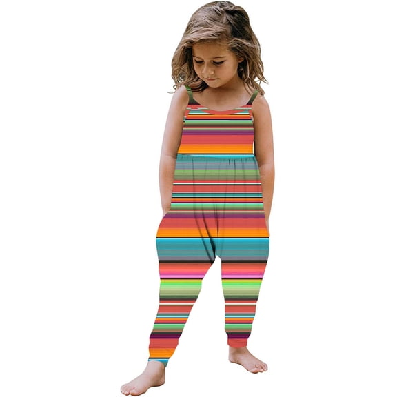 Odeerbi 1-6 Years Kids Girls Summer Jumpsuit Colorful Striped Camisole Romper Casual Breathable Comfortable Overalls Strap Bib Overall Pants Playsuit