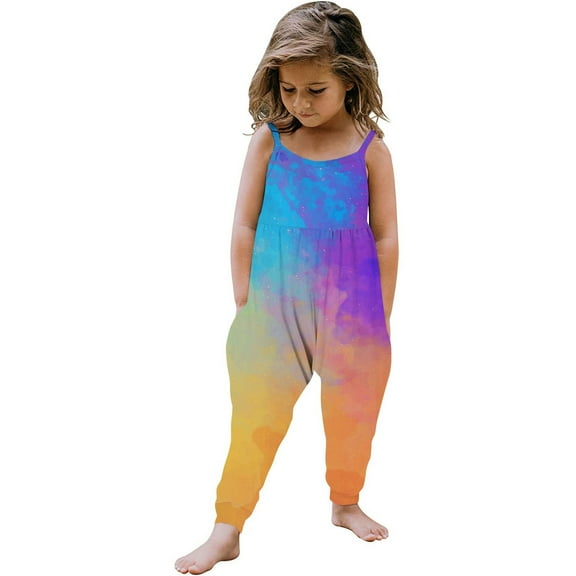 Odeerbi 1-6 Years Kids Girls Summer Jumpsuit Gradient Tie-Dye Camisole Romper Casual Breathable Comfortable Overalls Strap Bib Overall Pants Playsuit