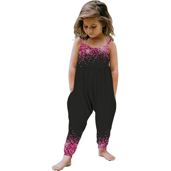 Odeerbi 1-6 Years Kids Girls Summer Jumpsuit Shiny Sparkly Print Camisole Romper Casual Breathable Comfortable Overalls Strap Bib Overall Pants Playsuit