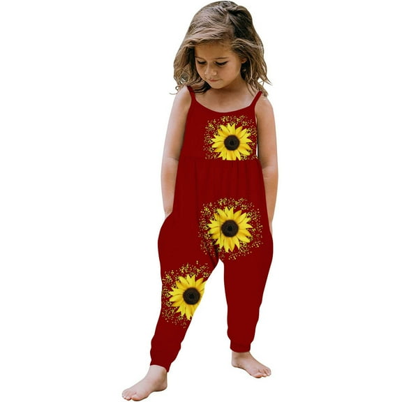 Odeerbi 1-6 Years Kids Girls Summer Jumpsuit Sunflower Camisole Romper Casual Breathable Comfortable Overalls Strap Bib Overall Pants Playsuit