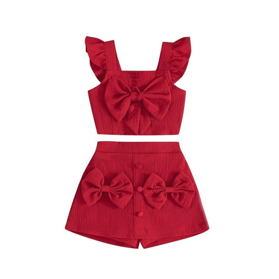 Odeerbi 1-6 Years Kids Girls Summer Outfits Cotton Bow Ruffle Camisole Tops Shorts Two-piece Set Solid Color Bow Sleeveless Loungewear Kids Girls Clothes
