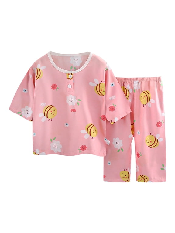1-6 Years Toddler Boys Girls Summer Cotton Pajamas Short Sleeve Tops Capris Set Soft Loungewear Cute Print Sleepwear Casual Two-piece Pajama Sets Toddler Boys Girls Clothes