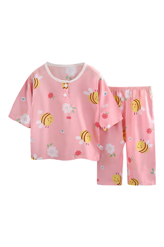 1-6 Years Toddler Boys Girls Summer Cotton Pajamas Short Sleeve Tops Capris Set Soft Loungewear Cute Print Sleepwear Casual Two-piece Pajama Sets Toddler Boys Girls Clothes