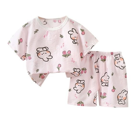 Odeerbi 1-6 Years Toddler Boys Girls Summer Cotton Pajamas Short Sleeve Tops Shorts Set Soft Loungewear Rabbit Print Sleepwear Two-piece Pajama Sets Toddler Boys Girls Clothes
