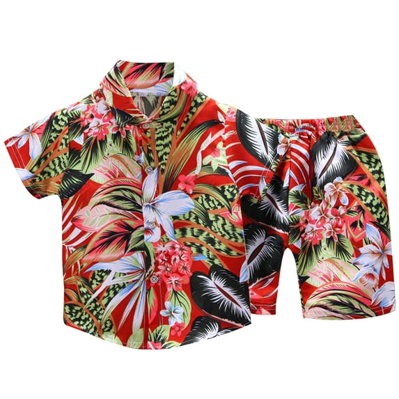 Odeerbi 1-6 Years Toddler Boys Summer Hawaiian Outfits Cotton Beach Tropical Print Short Sleeve Shirt Shorts Set Graphic Casual Two-piece Set Toddler Boys Clothes