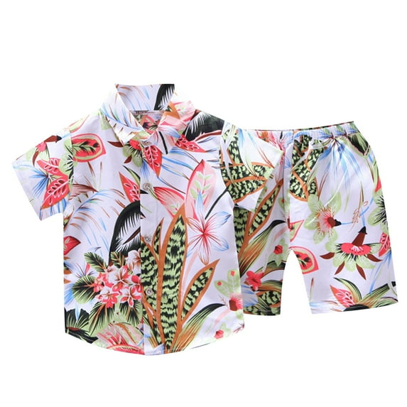 Odeerbi 1-6 Years Toddler Boys Summer Hawaiian Outfits Cotton Beach Tropical Print Short Sleeve Shirt Shorts Set Graphic Casual Two-piece Set Toddler Boys Clothes