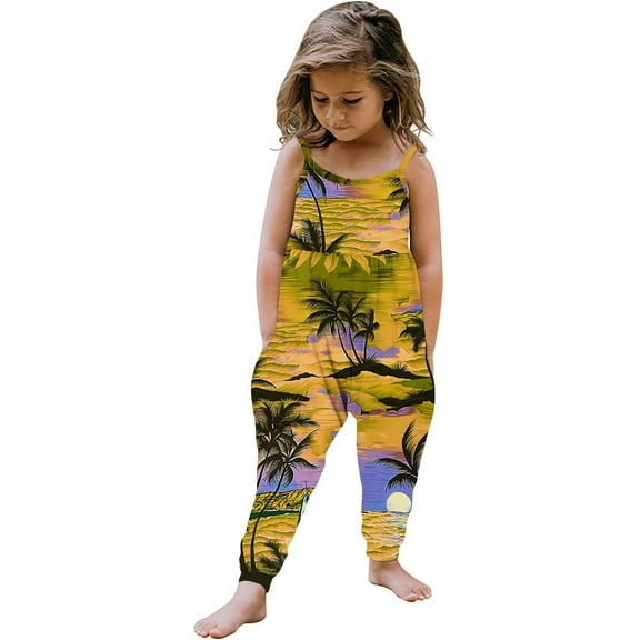 Odeerbi 1-6 Years Toddler Girls Summer Hawaiian Jumpsuit Beach Tropical Print Camisole Romper Casual Breathable Comfortable Overalls Strap Bib Overall Pants Playsuit