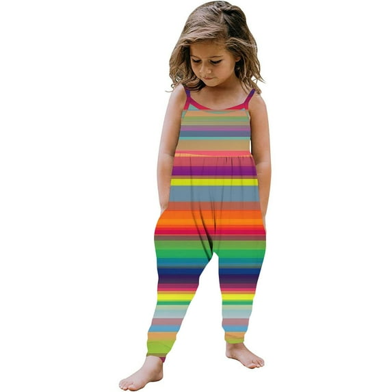 Odeerbi 1-6 Years Toddler Girls Summer Jumpsuit Colorful Striped Camisole Romper Casual Breathable Comfortable Overalls Strap Bib Overall Pants Playsuit