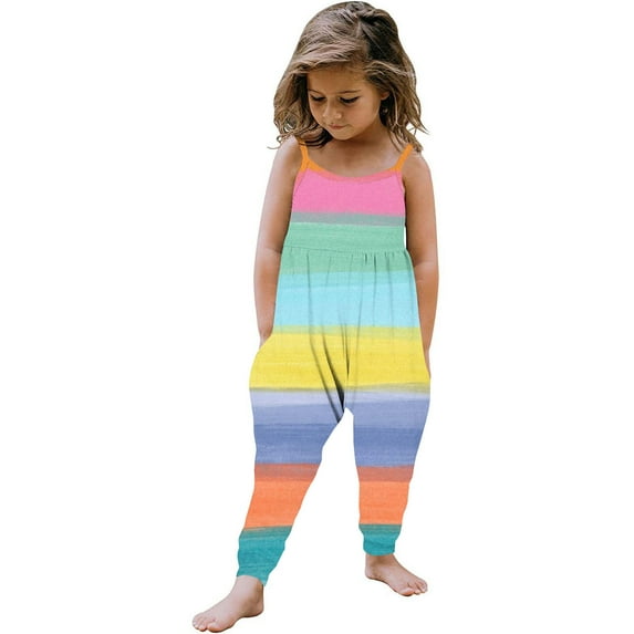 Odeerbi 1-6 Years Toddler Girls Summer Jumpsuit Colorful Striped Camisole Romper Casual Breathable Comfortable Overalls Strap Bib Overall Pants Playsuit