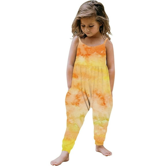 Odeerbi 1-6 Years Toddler Girls Summer Jumpsuit Gradient Tie-Dye Camisole Romper Casual Breathable Comfortable Overalls Strap Bib Overall Pants Playsuit