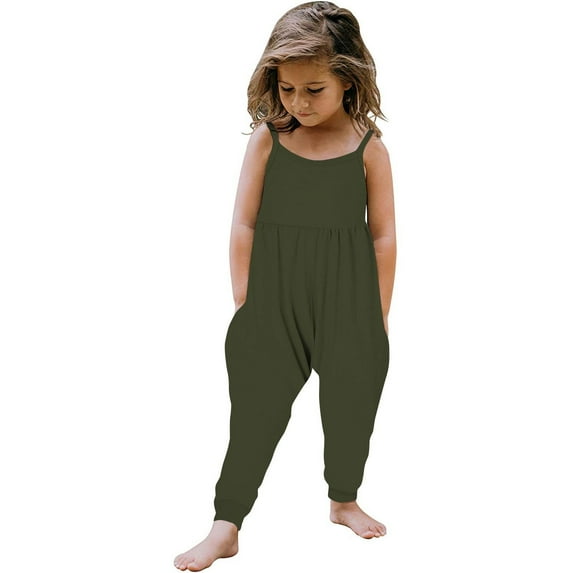 Odeerbi 1-6 Years Toddler Girls Summer Jumpsuit Solid Color Camisole Romper Casual Breathable Comfortable Overalls Strap Bib Overall Pants Playsuit