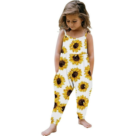 Odeerbi 1-6 Years Toddler Girls Summer Jumpsuit Sunflower Camisole Romper Casual Breathable Comfortable Overalls Strap Bib Overall Pants Playsuit