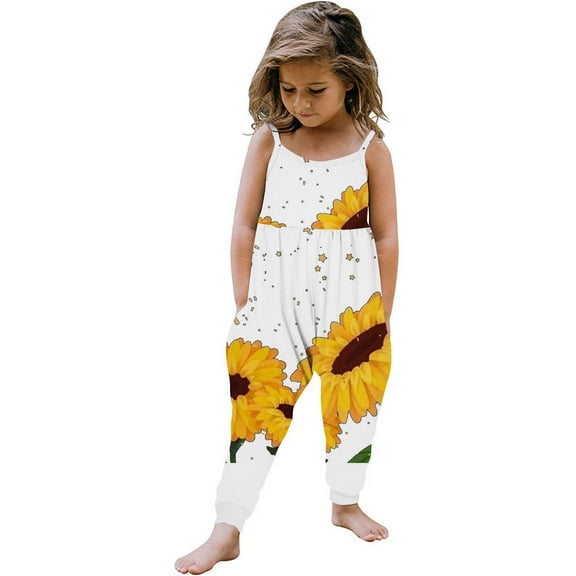 Odeerbi 1-6 Years Toddler Girls Summer Jumpsuit Sunflower Camisole Romper Casual Breathable Comfortable Overalls Strap Bib Overall Pants Playsuit