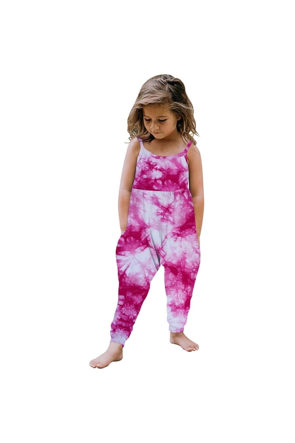 1-6 Years Toddler Girls Summer Jumpsuit Tie-Dye Camisole Romper Casual Breathable Comfortable Overalls Strap Bib Overall Pants Playsuit