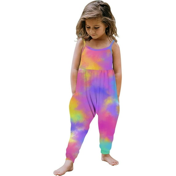Odeerbi 1-6 Years Toddler Girls Summer Jumpsuit Tie-Dye Camisole Romper Casual Breathable Comfortable Overalls Strap Bib Overall Pants Playsuit
