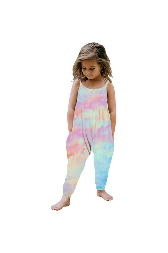 1-6 Years Toddler Girls Summer Jumpsuit Tie-Dye Camisole Romper Casual Breathable Comfortable Overalls Strap Bib Overall Pants Playsuit