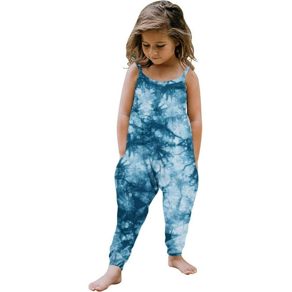 Odeerbi 1-6 Years Toddler Girls Summer Jumpsuit Tie-Dye Camisole Romper Casual Breathable Comfortable Overalls Strap Bib Overall Pants Playsuit