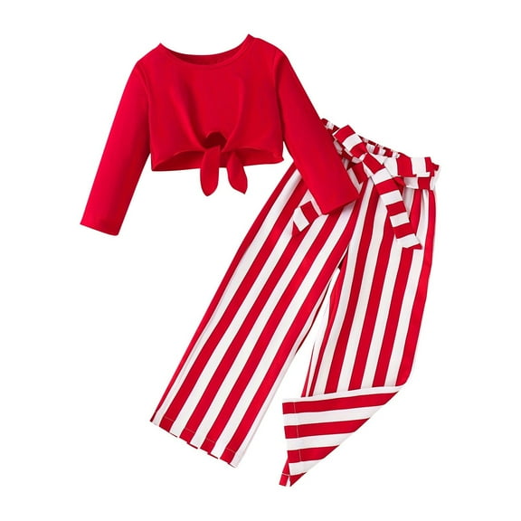 Odeerbi 1-7 Years Kids Girls Christmas Outfits Cotton Front Tie Knot Long Sleeve Cropped Tops Striped Wide Leg Pants Two-piece Set Casual Loungewear Kids Girls Clothes