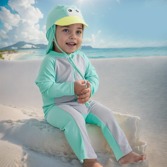 Odeerbi 1-7 Years Toddler Boys Girls Long Sleeve Rash Guard Swimsuits Beach One Piece Athletic Training Swimsuit Surfing Swimwear Cute Print Sunscreen Seaside Jumpsuit Swimming Pants