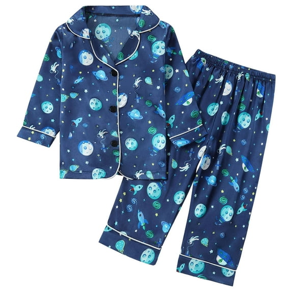 Odeerbi 1-8 Years Kids Boys Girls Satin Pajamas Notched Lapel Long Sleeve Shirt Pants Set Soft Loungewear Cute Print Sleepwear Two-piece Pajama Sets Kids Boys Girls Clothes