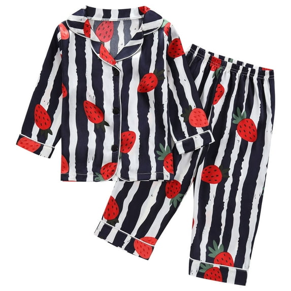 Odeerbi 1-8 Years Kids Boys Girls Satin Pajamas Notched Lapel Long Sleeve Shirt Pants Set Soft Loungewear Striped Print Sleepwear Two-piece Pajama Sets Kids Boys Girls Clothes