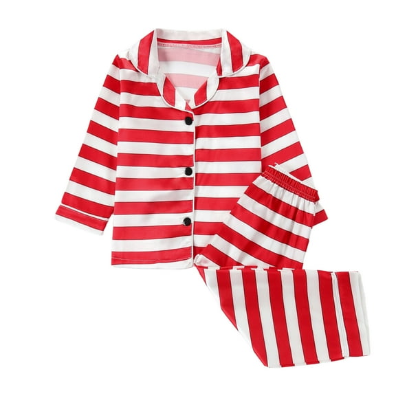 Odeerbi 1-8 Years Kids Boys Girls Satin Pajamas Notched Lapel Long Sleeve Shirt Pants Set Soft Loungewear Striped Print Sleepwear Two-piece Pajama Sets Kids Boys Girls Clothes