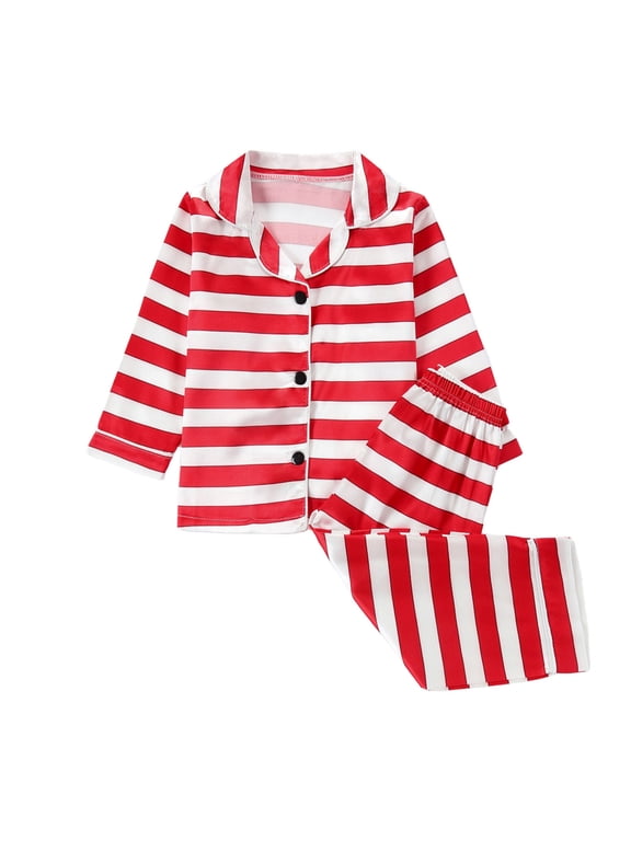 1-8 Years Kids Boys Girls Satin Pajamas Notched Lapel Long Sleeve Shirt Pants Set Soft Loungewear Striped Print Sleepwear Two-piece Pajama Sets Kids Boys Girls Clothes