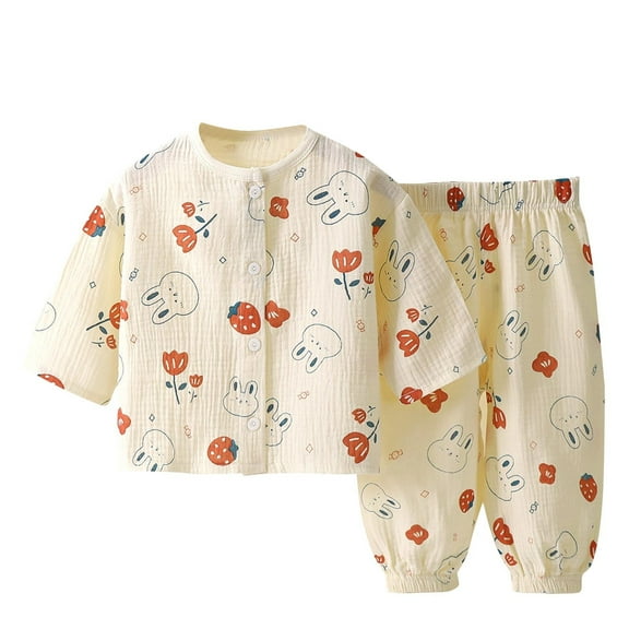 Odeerbi 1-8 Years Kids Boys Girls Summer Cotton Pajamas Long Sleeve Tops Pants Set Soft Loungewear Cute Print Sleepwear Double-layer Gauze Pajama Set Kids Boys Girls Clothes