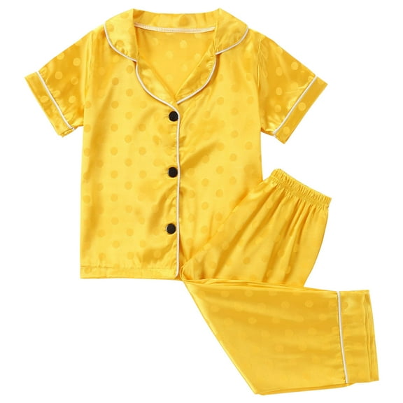 Odeerbi 1-8 Years Kids Boys Girls Summer Satin Pajamas Notched Lapel Short Sleeve Shirts Pants Set Soft Loungewear Solid Color Sleepwear Two-piece Pajama Set Kids Boys Girls Clothes