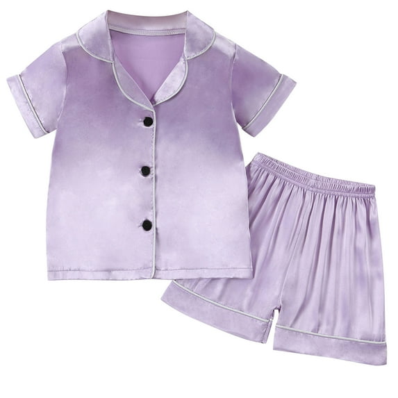 Odeerbi 1-8 Years Kids Boys Girls Summer Satin Pajamas Notched Lapel Short Sleeve Shirts Shorts Set Soft Loungewear Solid Color Sleepwear Kids Boys Girls Clothes