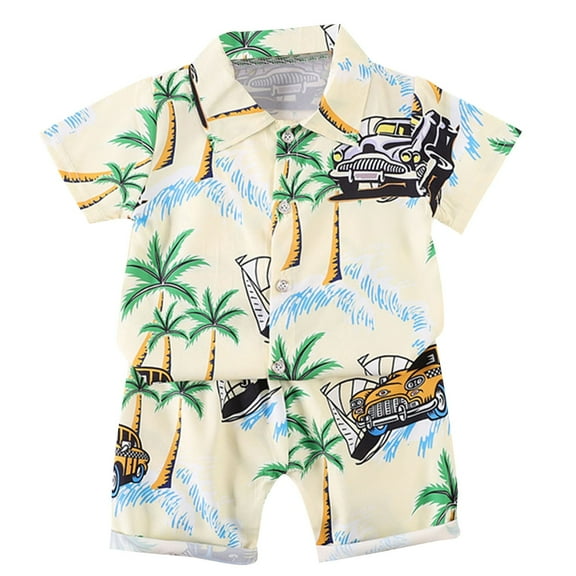 Odeerbi 1-8 Years Kids Boys Summer Hawaiian Outfits Cotton Beach Tropical Print Short Sleeve Shirt Shorts Set Graphic Casual Two-piece Set Kids Boys Clothes